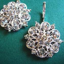 Wedding Earrings, Silver, Rhinestone Floral Earrings, Bridal Jewelry, "Silver Petals Collection"